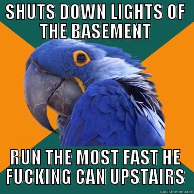 SHUTS DOWN LIGHTS OF THE BASEMENT RUN THE MOST FAST HE FUCKING CAN UPSTAIRS Paranoid Parrot