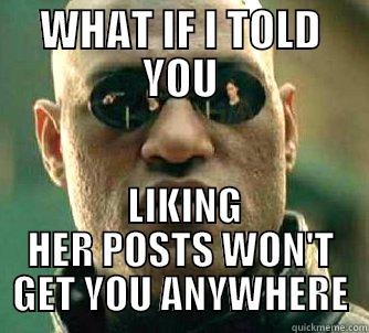 WHAT IF I TOLD YOU  LIKING HER POSTS WON'T GET YOU ANYWHERE Matrix Morpheus