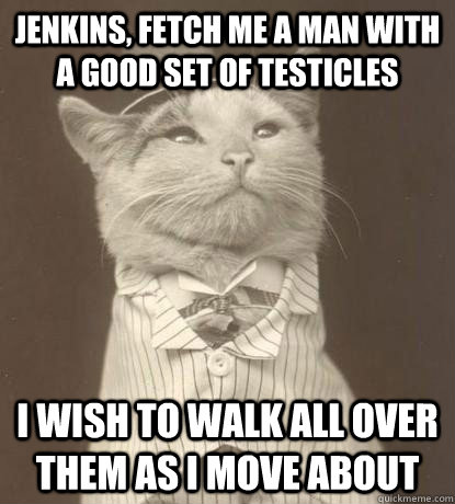 jenkins, fetch me a man with a good set of testicles i wish to walk all over them as i move about  Aristocat