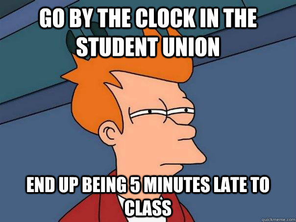 Go by the clock in the Student Union End up being 5 minutes late to class - Go by the clock in the Student Union End up being 5 minutes late to class  Futurama Fry