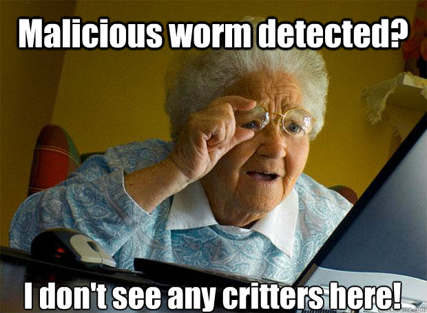 Malicious worm detected? I don't see any critters here!    Grandma finds the Internet