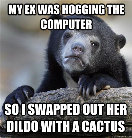 MY ex was hogging the computer so I swapped out her dildo with a cactus  Confession Bear