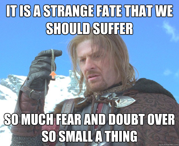 It is a strange fate that we should suffer  so much fear and doubt over 
so small a thing - It is a strange fate that we should suffer  so much fear and doubt over 
so small a thing  Boromir