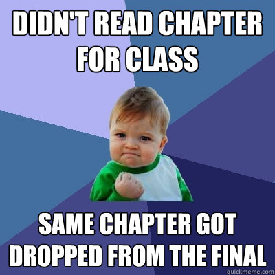 Didn't read chapter for class Same chapter got dropped from the final  Success Kid