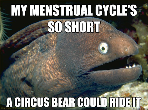 My menstrual cycle's so short  a circus bear could ride it  Bad Joke Eel