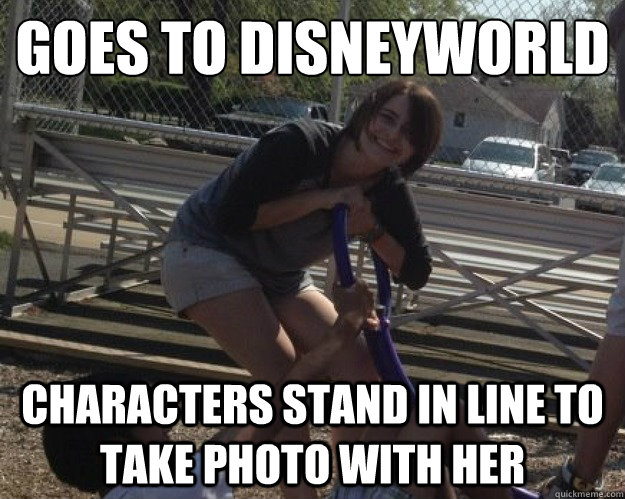 goes to disneyworld characters stand in line to take photo with her  Ridiculously Photogenic Girl