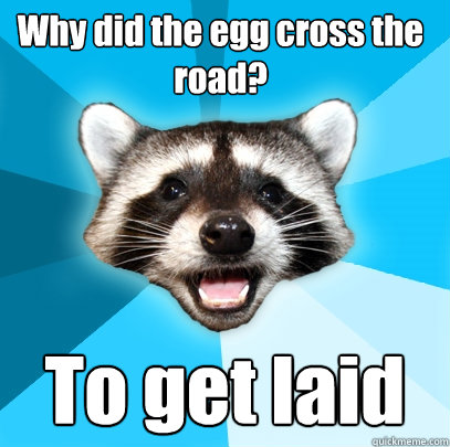 Why did the egg cross the road? To get laid  Lame Pun Coon