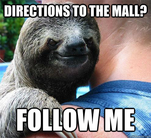 directions to the mall? Follow me  Suspiciously Evil Sloth