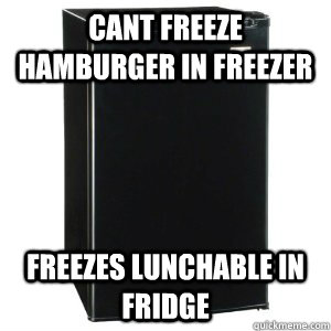 cant freeze hamburger in freezer freezes lunchable in fridge  Scumbag Dorm Fridge