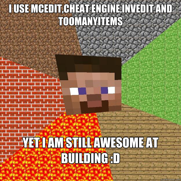 i use MCEdit,cheat engine,invedit and toomanyitems Yet i am still awesome at building :D  Minecraft