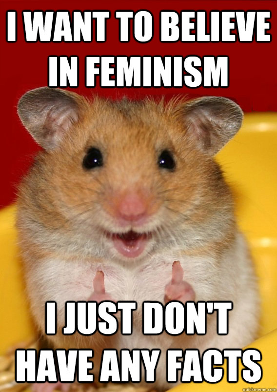 I want to believe in feminism I just don't have any facts   Rationalization Hamster