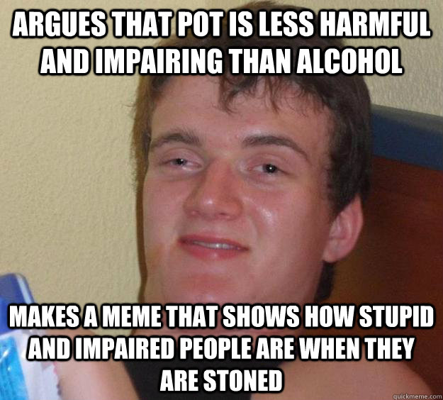 Argues that pot is less harmful and impairing than Alcohol makes a meme that shows how stupid and impaired people are when they are stoned  10 Guy