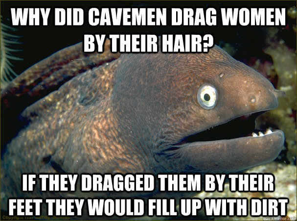 why did cavemen drag women by their hair? if they dragged them by their feet they would fill up with dirt  Bad Joke Eel