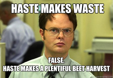 haste makes waste FALSE.  
haste makes a plentiful beet harvest  Schrute