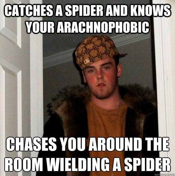 catches a spider and knows your arachnophobic Chases you around the room wielding a spider  Scumbag Steve