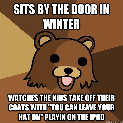 sits by the door in winter watches the kids take off their coats with 