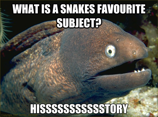 what is a snakes favourite subject? hissssssssssstory - what is a snakes favourite subject? hissssssssssstory  Bad Joke Eel