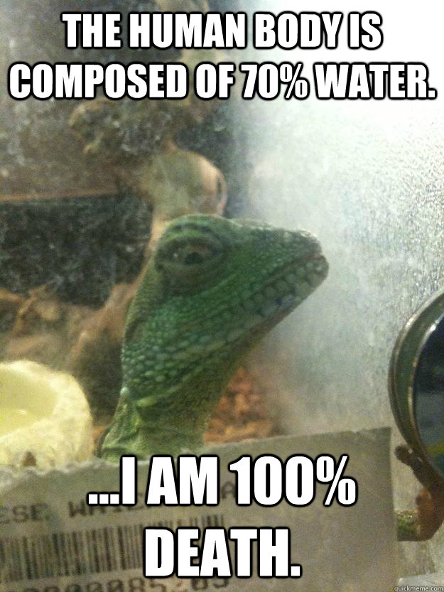 The human body is composed of 70% water. ...I am 100% death.  Leery Lizard