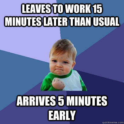 Leaves to work 15 minutes later than usual Arrives 5 minutes early  Success Kid