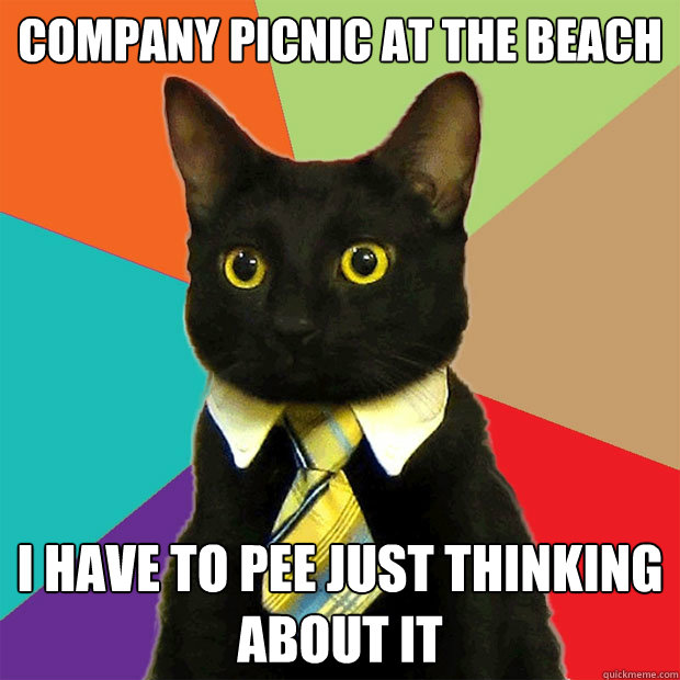 company picnic at the beach I have to pee just thinking about it  Business Cat