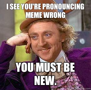 I see you're pronouncing meme wrong You must be new.  - I see you're pronouncing meme wrong You must be new.   Condescending Wonka