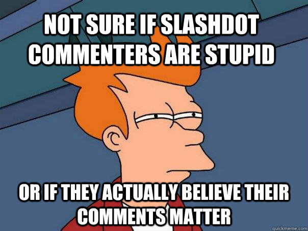 Not sure if Slashdot commenters are stupid or if they actually believe their comments matter  Futurama Fry