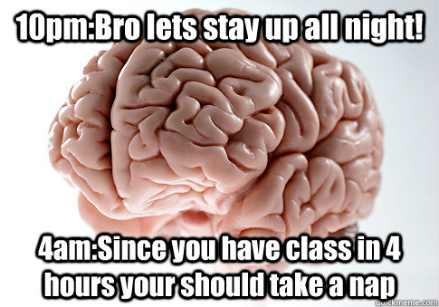 10pm:Bro lets stay up all night! 4am:Since you have class in 4 hours your should take a nap  Scumbag Brain