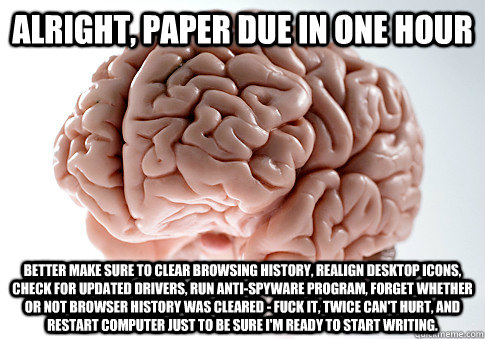 ALRIGHT, PAPER DUE IN ONE HOUR BETTER MAKE SURE TO CLEAR BROWSING HISTORY, REALIGN DESKTOP ICONS, CHECK FOR UPDATED DRIVERS, RUN ANTI-SPYWARE PROGRAM, FORGET WHETHER OR NOT BROWSER HISTORY WAS CLEARED - FUCK IT, TWICE CAN'T HURT, AND RESTART COMPUTER JUST  Scumbag Brain