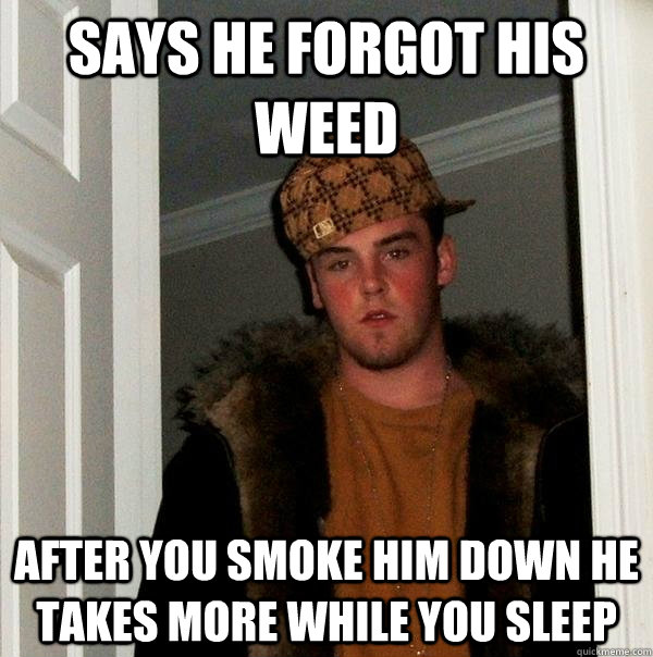 says he forgot his weed after you smoke him down he takes more while you sleep  Scumbag Steve