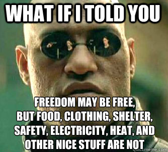 what if i told you freedom may be free,
but food, clothing, shelter, safety, electricity, heat, and other nice stuff are not - what if i told you freedom may be free,
but food, clothing, shelter, safety, electricity, heat, and other nice stuff are not  Matrix Morpheus