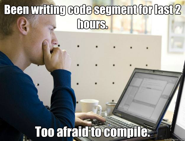 Been writing code segment for last 2 hours. Too afraid to compile.  Programmer