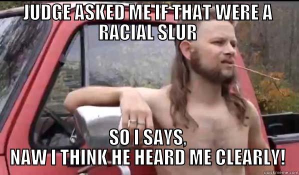 JUDGE ASKED ME IF THAT WERE A RACIAL SLUR SO I SAYS, NAW I THINK HE HEARD ME CLEARLY! Almost Politically Correct Redneck