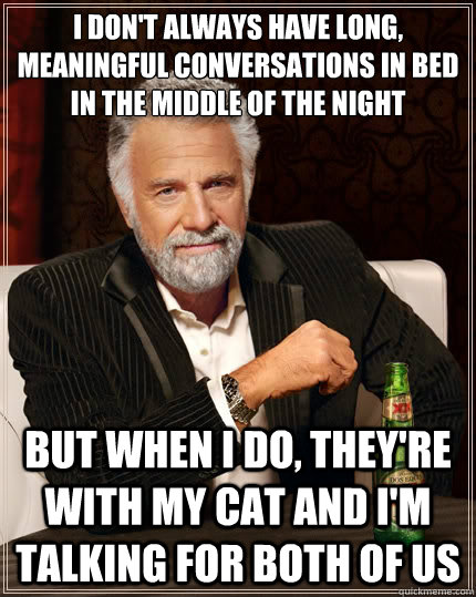 i don't always have long, meaningful conversations in bed in the middle of the night But when I do, they're with my cat and I'm talking for both of us - i don't always have long, meaningful conversations in bed in the middle of the night But when I do, they're with my cat and I'm talking for both of us  TheMostInterestingManInTheWorld