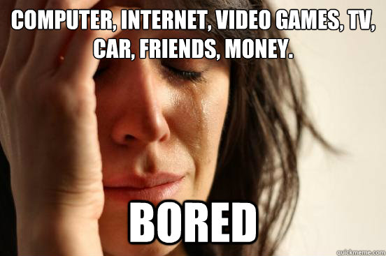 computer, internet, video games, tv, car, friends, money. bored  First World Problems