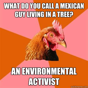 What do you call a Mexican guy living in a tree? An environmental Activist - What do you call a Mexican guy living in a tree? An environmental Activist  Anti-Joke Chicken