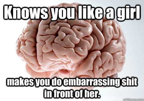 Knows you like a girl makes you do embarrassing shit in front of her.   Scumbag Brain