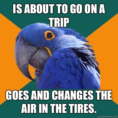 Is about to go on a trip goes and changes the air in the tires.  Paranoid Parrot