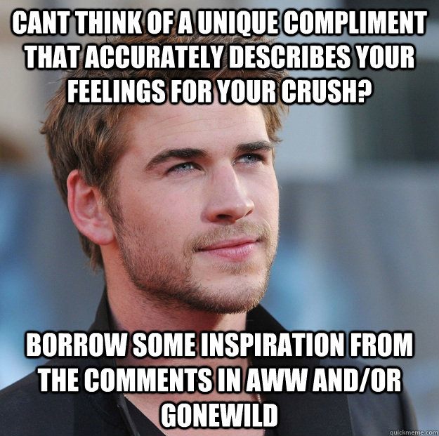 Cant think of a unique compliment that accurately describes your feelings for your crush? Borrow some inspiration from the comments in aww and/or gonewild - Cant think of a unique compliment that accurately describes your feelings for your crush? Borrow some inspiration from the comments in aww and/or gonewild  Attractive Guy Girl Advice