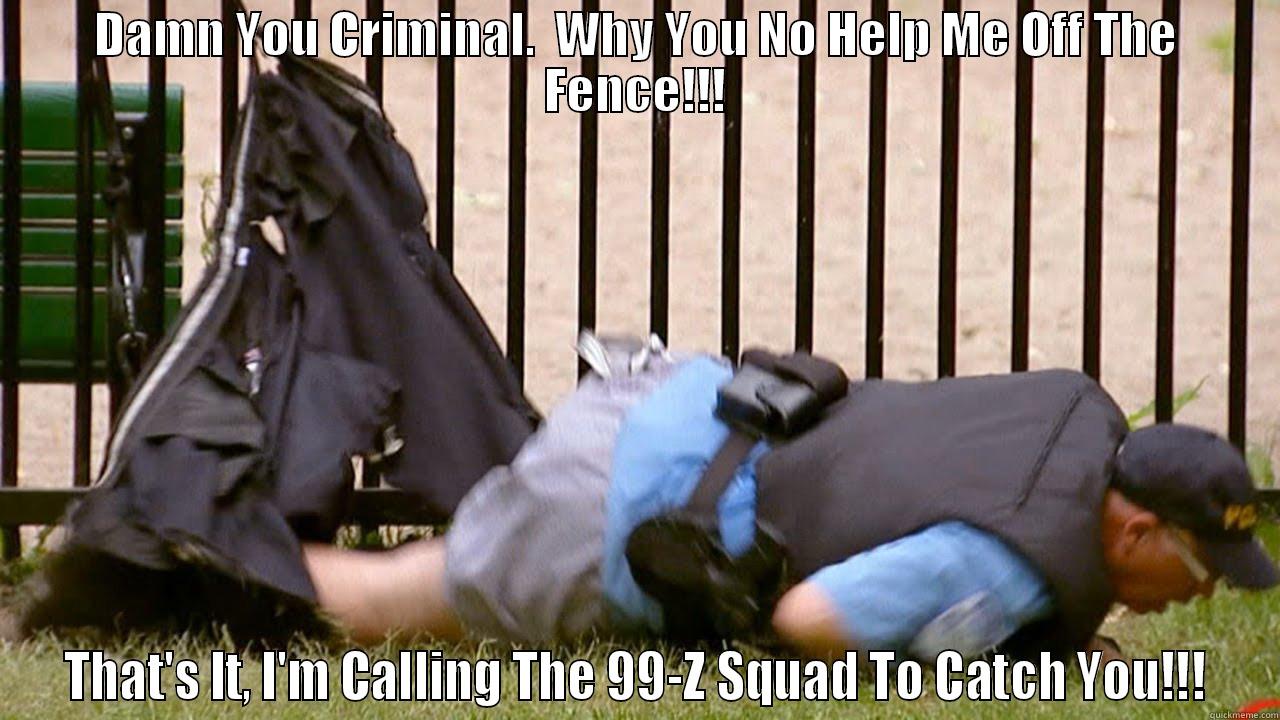 DAMN YOU CRIMINAL.  WHY YOU NO HELP ME OFF THE FENCE!!! THAT'S IT, I'M CALLING THE 99-Z SQUAD TO CATCH YOU!!! Misc