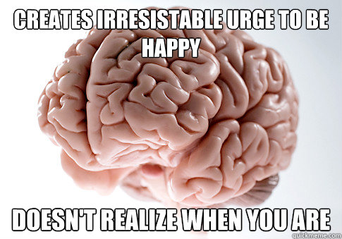 Creates irresistable urge to be happy doesn't realize when you are  Scumbag Brain