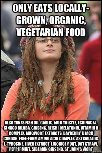 Only eats locally-grown, organic, vegetarian food Also takes fish oil, garlic, milk thistle, echinacea, Ginkgo Biloba, Ginseng, Reishi, melatonin, vitamin B complex, Mugwort Extracts, Bayberry, Black Cohosh, Free-form amino acid complex, Astragalus, L-Tyr  College Liberal