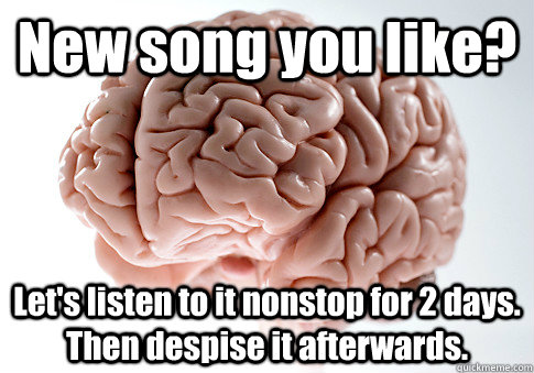 New song you like?  Let's listen to it nonstop for 2 days. Then despise it afterwards.   Scumbag Brain