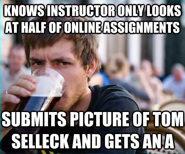 knows instructor only looks at half of online assignments Submits picture of Tom Selleck and gets an A  Lazy College Senior