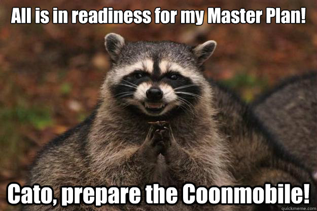 All is in readiness for my Master Plan! Cato, prepare the Coonmobile!   Evil Plotting Raccoon