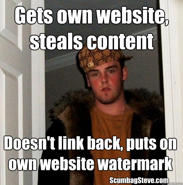 Gets own website, steals content Doesn't link back, puts on own website watermark ScumbagSteve.com  Scumbag Steve