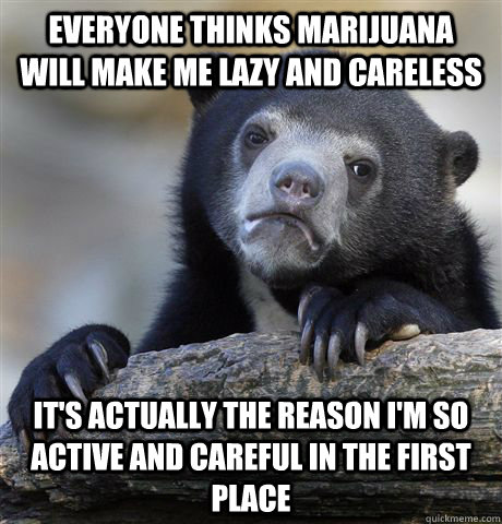 Everyone thinks Marijuana will make me lazy and careless It's actually the reason i'm so active and careful in the first place  Confession Bear