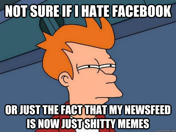 Not sure if I hate facebook Or just the fact that my newsfeed is now just shitty memes  Futurama Fry