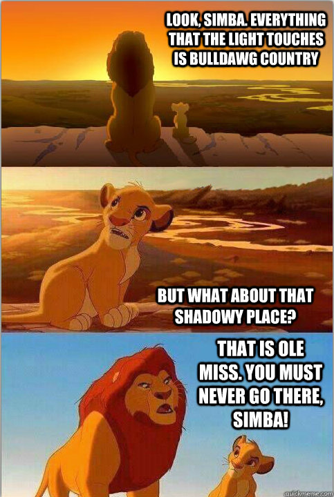Look, Simba. Everything that the light touches is Bulldawg Country But what about that shadowy place? That is Ole Miss. You must NEVER go there, Simba!  