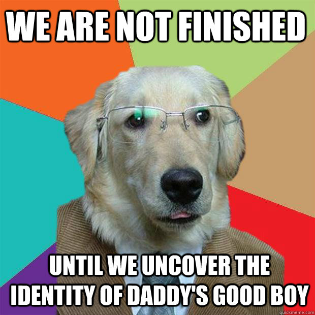 we are not finished until we uncover the identity of daddy's good boy  Business Dog