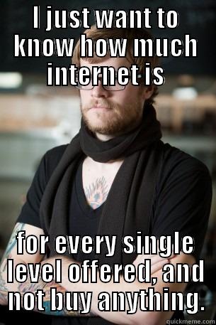 I JUST WANT TO KNOW HOW MUCH INTERNET IS FOR EVERY SINGLE LEVEL OFFERED, AND NOT BUY ANYTHING. Hipster Barista